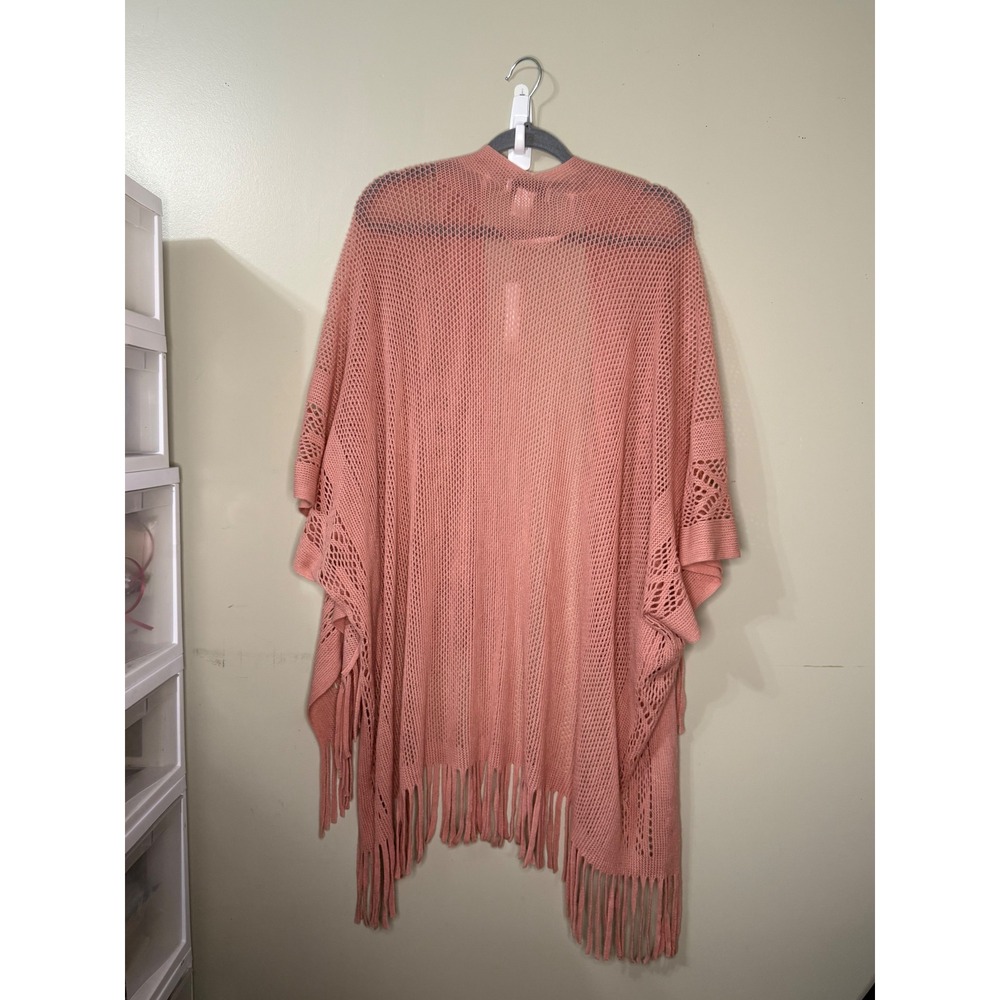 Nine West Coral‎ Pink Open Knit Fringe Kimono Cardigan Wrap Cover Up One Size - Picture 2 of 3